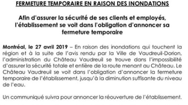 Fermeture temporaire du Château Vaudreuil