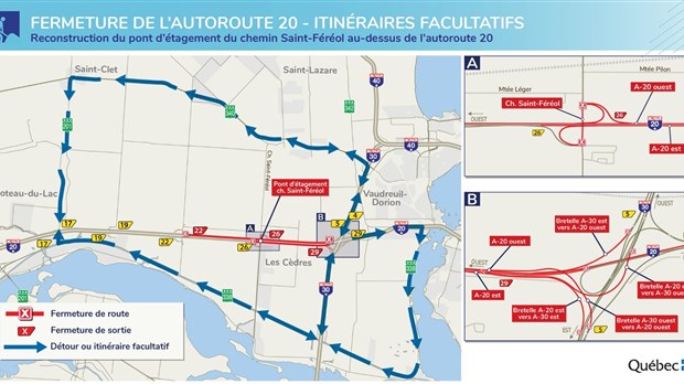 Fermetures de l'autoroute 20 à Les Cèdres à venir